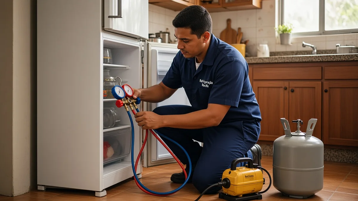 Técnico brasileiro da Refrigeração Recife com bomba de vácuo, manômetros e cilindro de refrigerante durante a recarga profissional de uma geladeira.