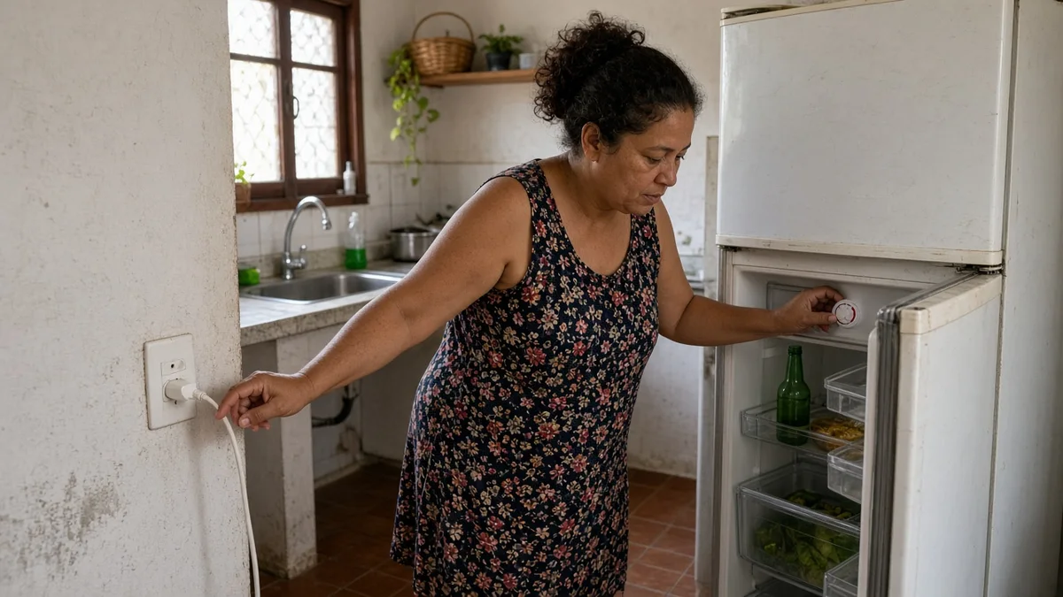 Técnico Refrigeração Recife: pessoa testa tomada e termostato da geladeira na cozinha brasileira, luz natural, checklist das primeiras verificações.