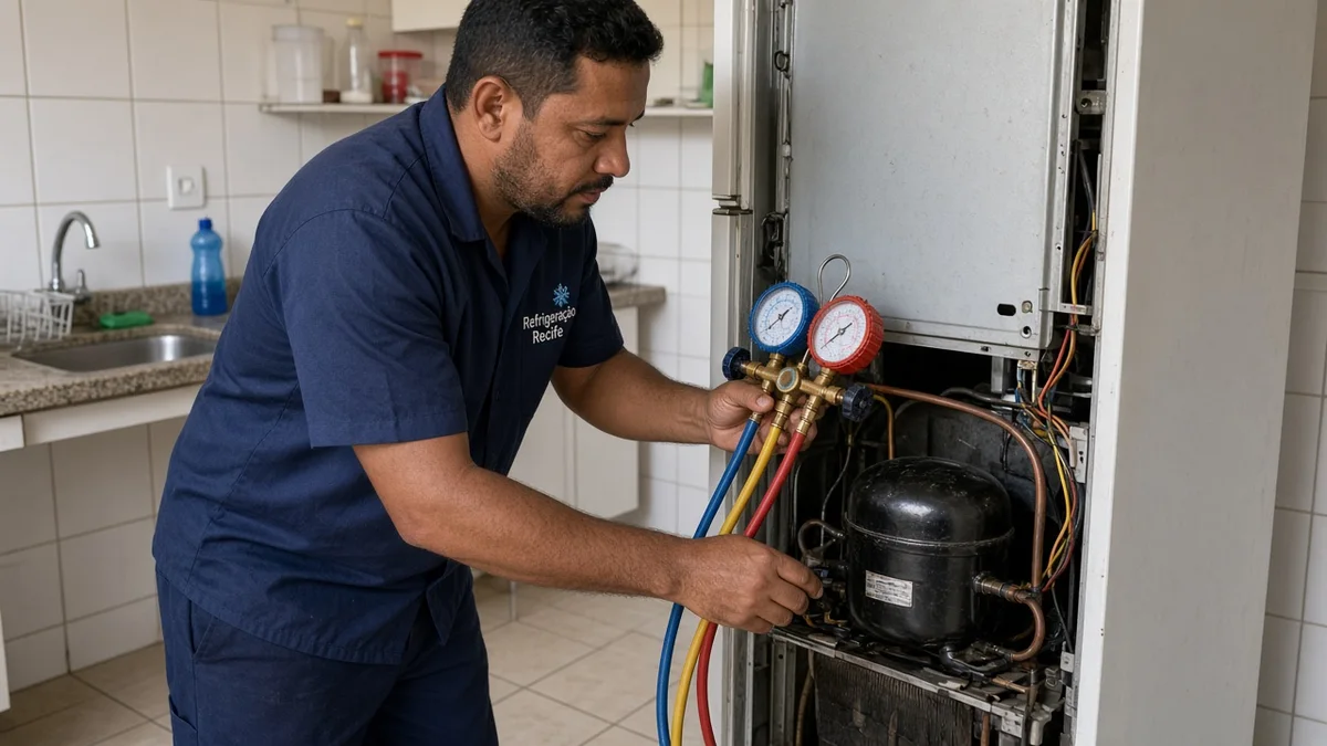Técnico Refrigeração Recife com manifold no compressor na parte traseira da geladeira, diagnóstico profissional em residência brasileira com luz natural.