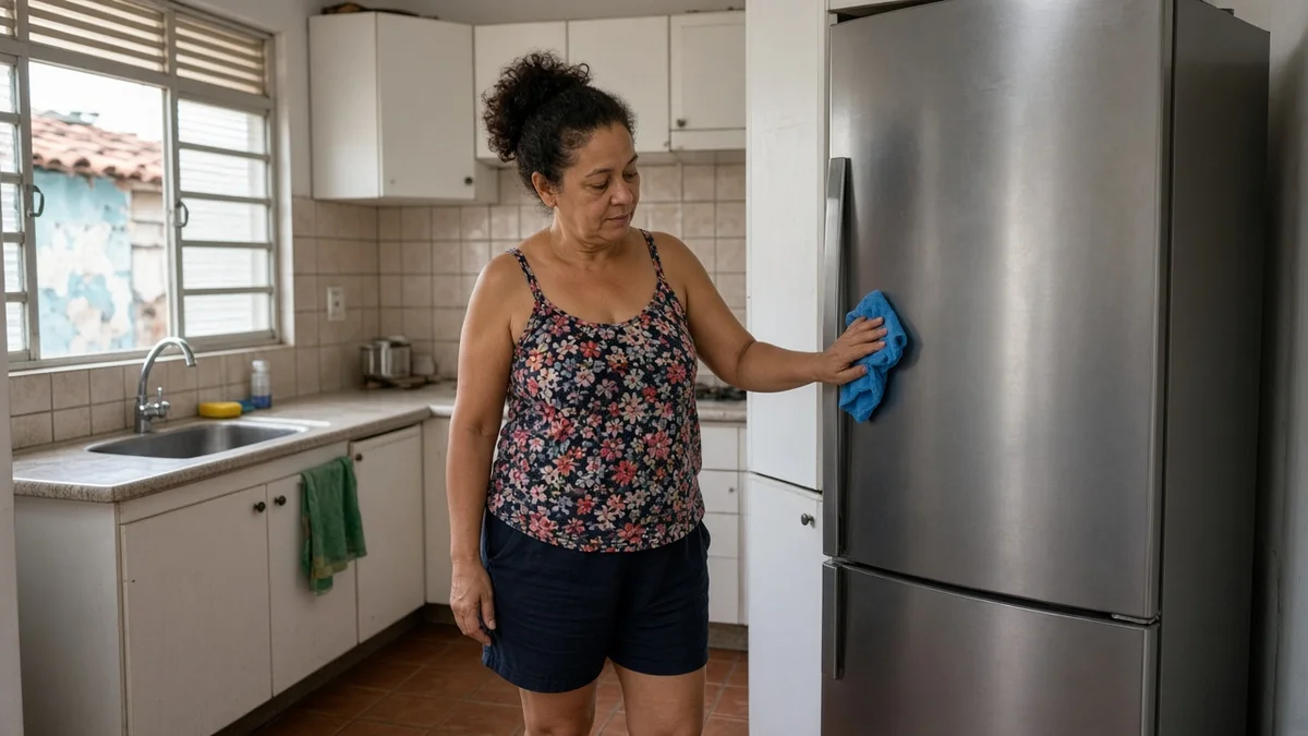 Pessoa limpa a porta de geladeira inox com pano de microfibra na cozinha residencial brasileira, corpo inteiro visivel e luz natural pela janela.