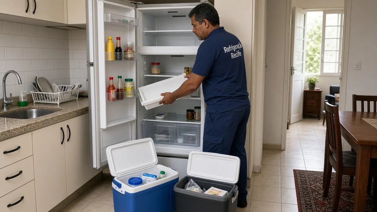 Técnico Refrigeração Recife: pessoa esvazia geladeira aberta com caixas termicas na cozinha, em cozinha residencial brasileira com luz natural realista.