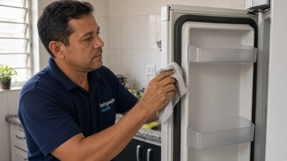Detalhe prático: tecnico limpa borracha de vedacao da porta com pano, com técnico Refrigeração Recife e ferramentas de refrigeração à vista na instalação.