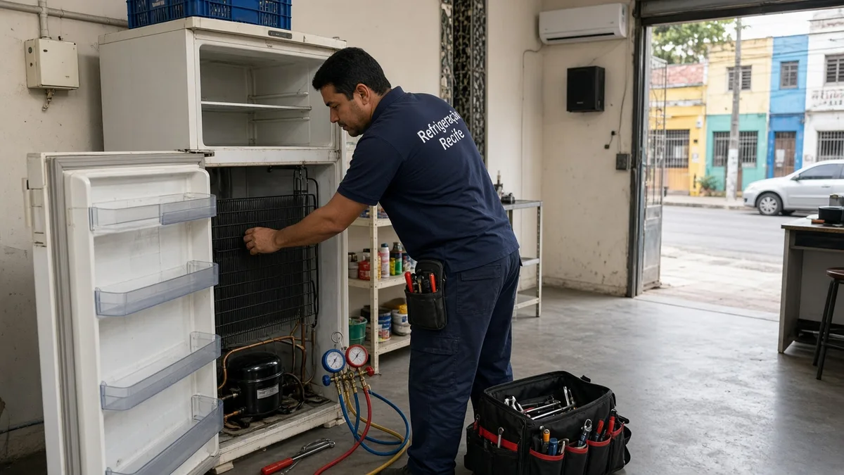 Técnico Refrigeração Recife: mao toca condensador traseiro frio da geladeira aberta, em cozinha residencial brasileira com luz natural realista.