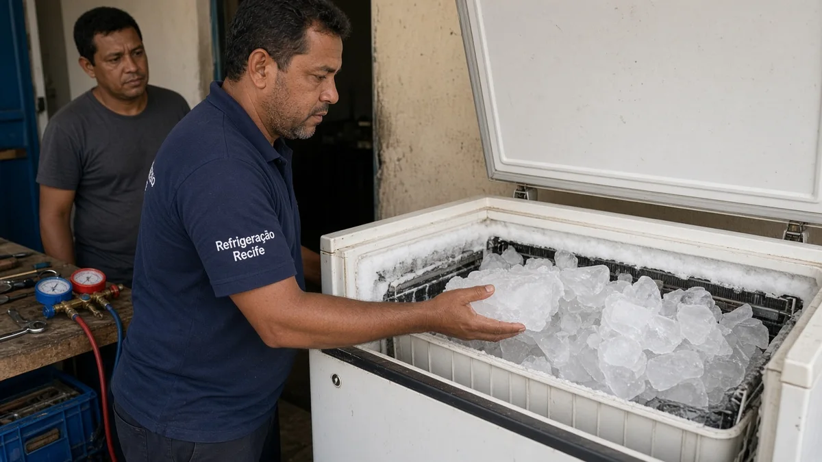 Detalhe prático: pessoa observa gelo irregular no evaporador do freezer, com técnico Refrigeração Recife e ferramentas de refrigeração à vista na instalação.