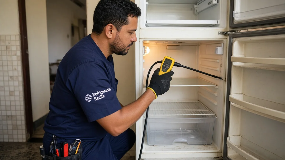 Detalhe prático: tecnico usa detector eletronico de vazamento na geladeira, com técnico Refrigeração Recife e ferramentas de refrigeração à vista na instalação.