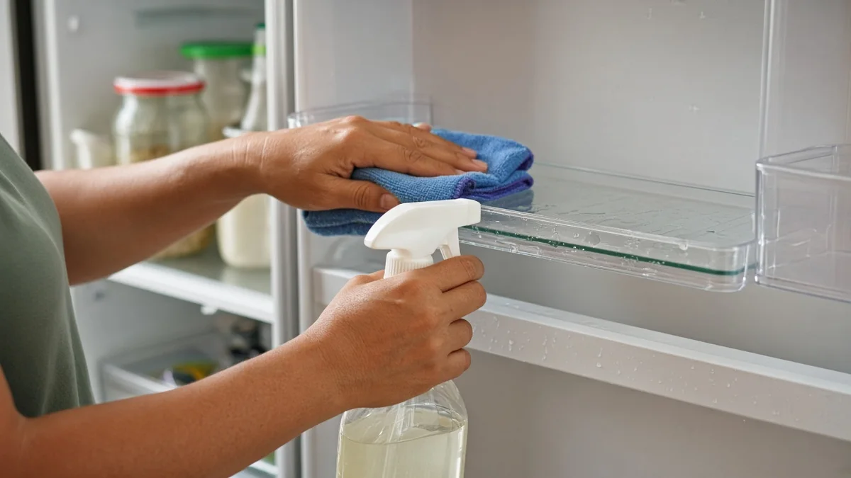 Detalhe prático: maos limpam prateleira com vinagre e pano microfibra, com técnico Refrigeração Recife e ferramentas de refrigeração à vista na instalação.