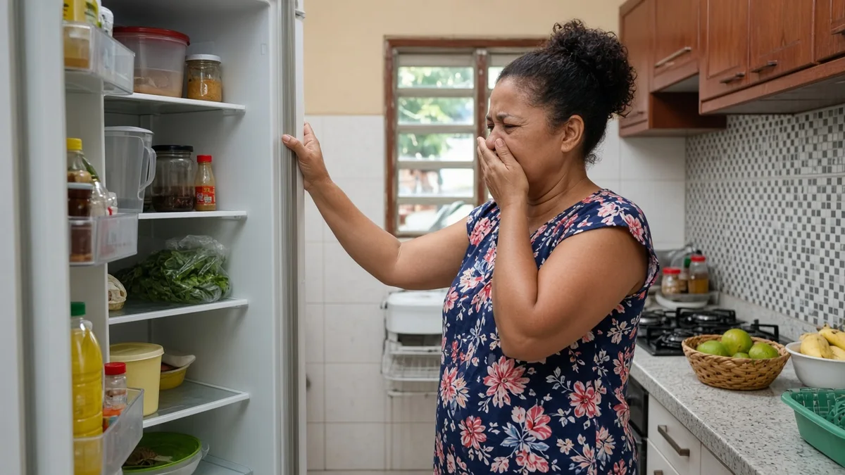 Técnico Refrigeração Recife: pessoa abre geladeira e reage ao odor forte na cozinha, em cozinha residencial brasileira com luz natural realista.