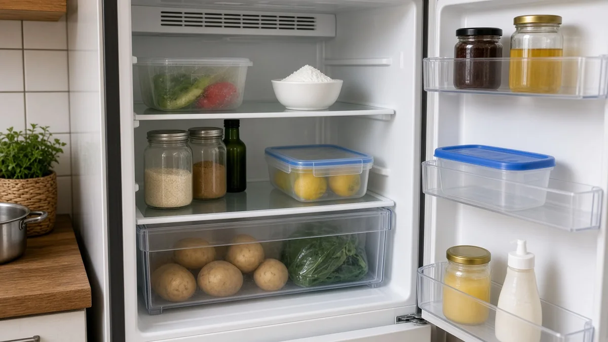 Detalhe prático: pote aberto de bicarbonato dentro da geladeira limpa, com técnico Refrigeração Recife e ferramentas de refrigeração à vista na instalação.