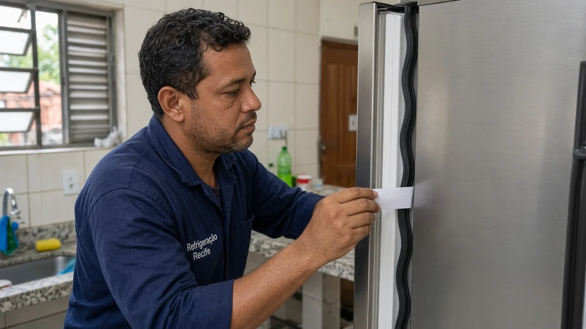 Detalhe prático: tecnico testa borracha vedacao porta geladeira com papel, com técnico Refrigeração Recife e ferramentas de refrigeração à vista na instalação.