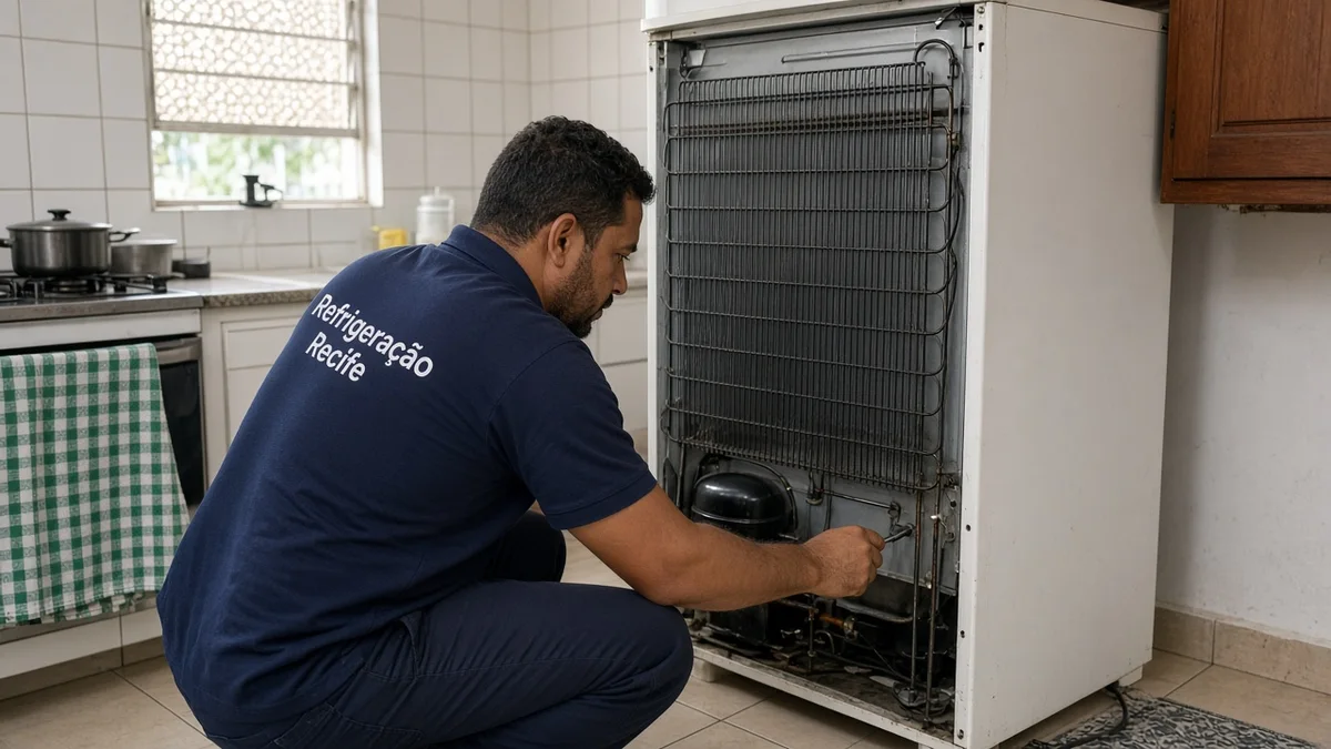 Técnico Refrigeração Recife: tecnico verifica condensador traseiro geladeira em cozinha brasileira, em cozinha residencial brasileira com luz natural realista.