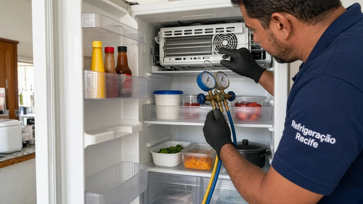 Detalhe de evaporador e prateleiras internas da geladeira aberta, em residência brasileira, com técnico Refrigeração Recife e materiais e ferramentas ao lado.