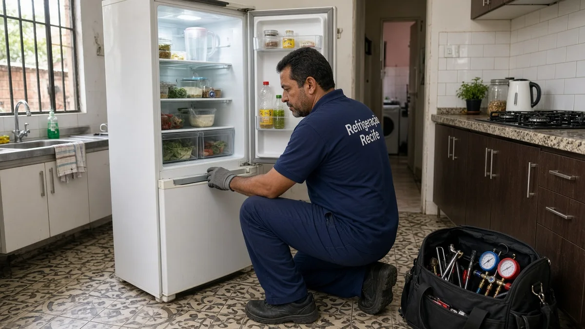 Técnico Refrigeração Recife inspeciona geladeira aberta em cozinha residencial brasileira, com luz natural realista e ferramentas à vista.