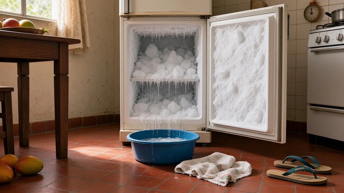 Toalha de algodão e bacia plástica no piso de azulejo de cozinha brasileira, à frente de geladeira branca aberta, recolhendo água do degelo manual.