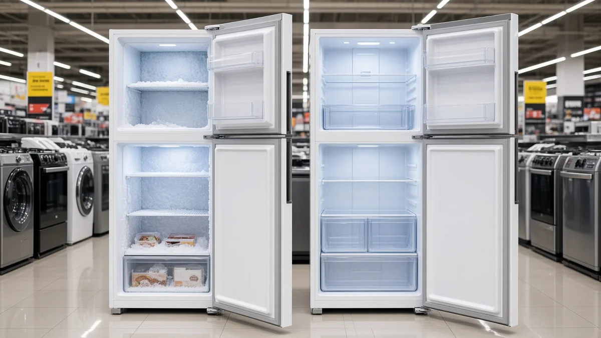 Duas geladeiras lado a lado em loja de eletrodomésticos brasileira, uma com freezer aberto mostrando leve gelo e outra com interior limpo sem crosta congelada.