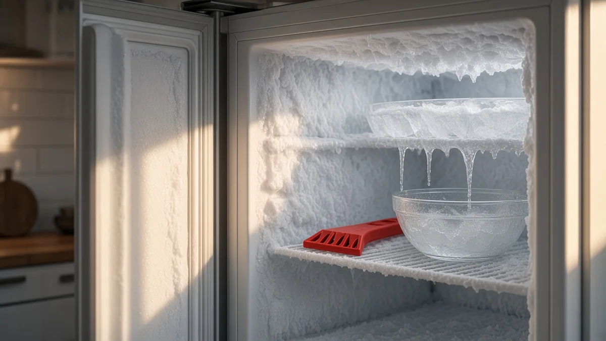 Freezer de geladeira defrost com camada espessa de gelo, espátula plástica e tigela recolhendo água do degelo manual em cozinha brasileira.