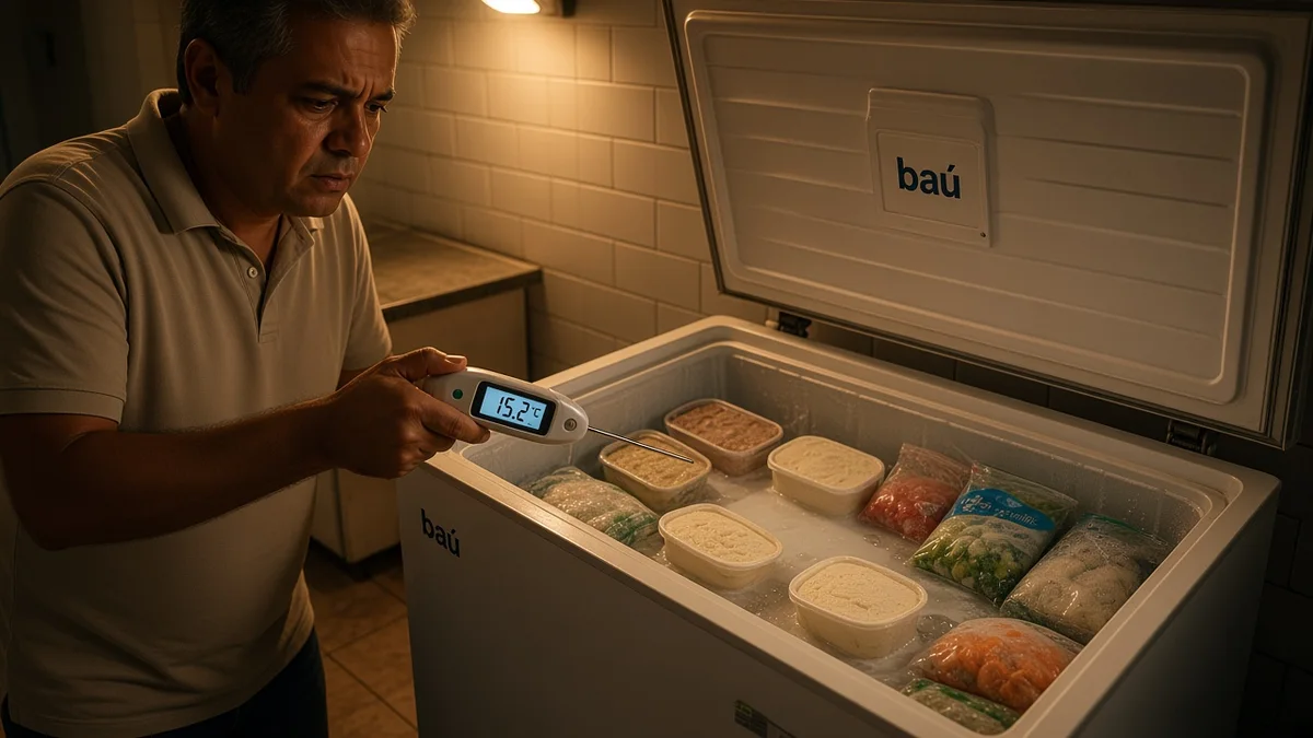 Homem em cozinha brasileira mede a temperatura de alimentos amolecidos dentro de um freezer horizontal aberto que parou de congelar corretamente.