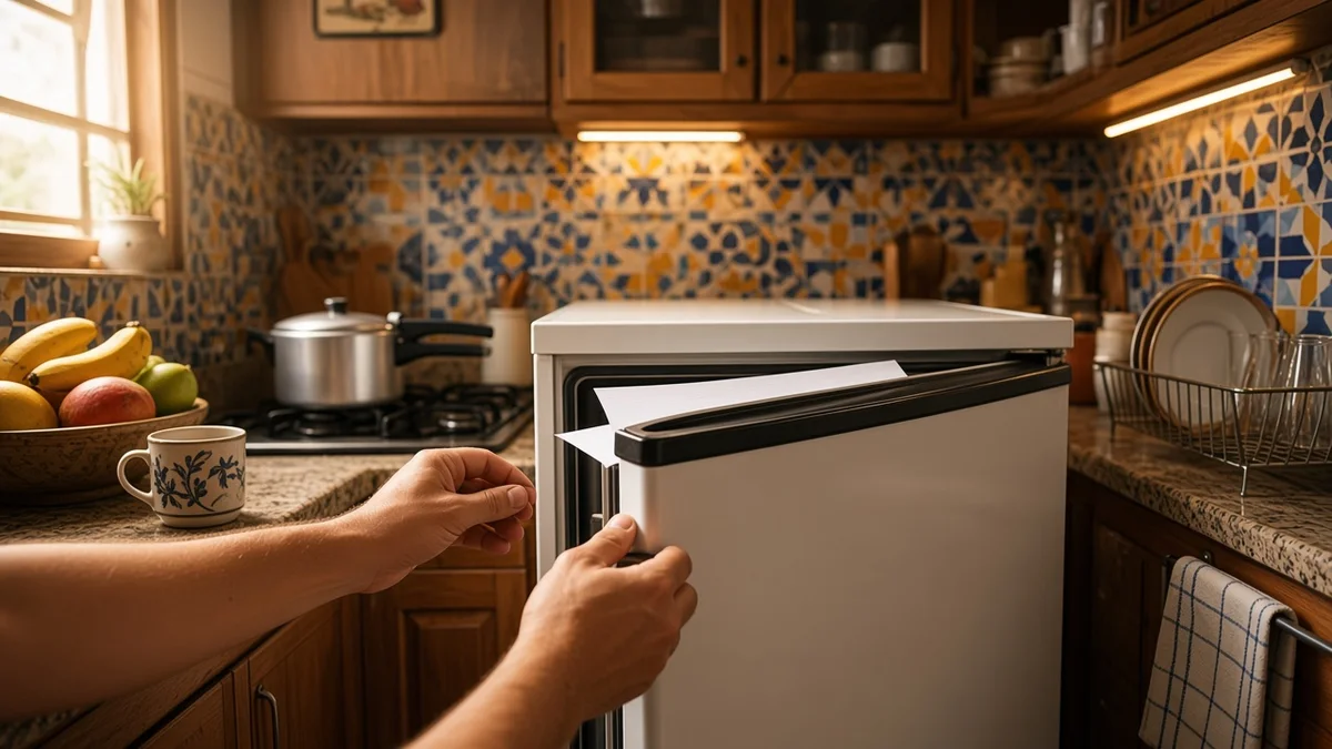 Mãos fechando a porta do freezer com uma folha de papel entre a borracha de vedação e o batente, teste de folga em cozinha brasileira urbana.