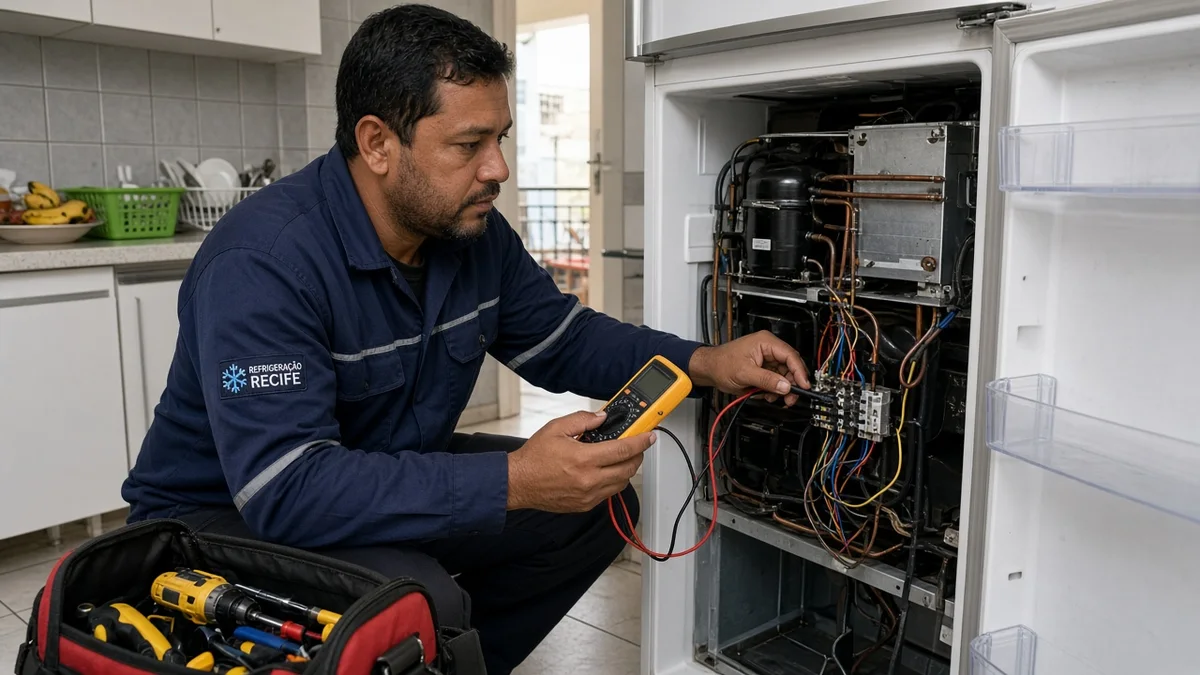 Close de chamar um técnico especializado: mãos ou técnico em residência brasileira, ferramentas e materiais de refrigeração visíveis, sem texto sobreposto na.