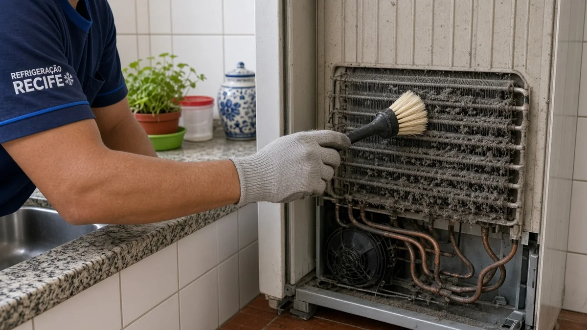 Close de manutenção preventiva para prolongar a vida útil da sua geladeira: mãos ou técnico em residência brasileira, ferramentas e materiais de refrigeração.