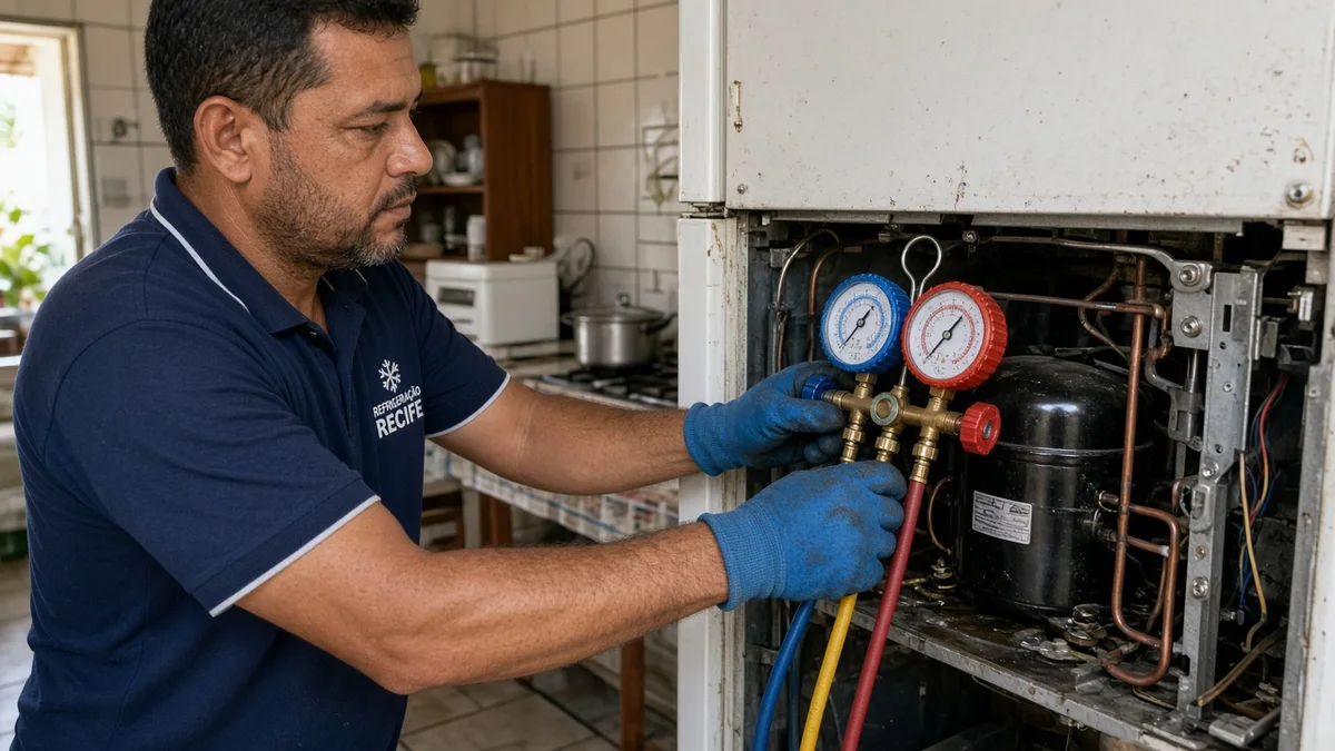Close de principais causas técnicas para a falha na refrigeração: mãos ou técnico em residência brasileira, ferramentas e materiais de refrigeração visíveis.