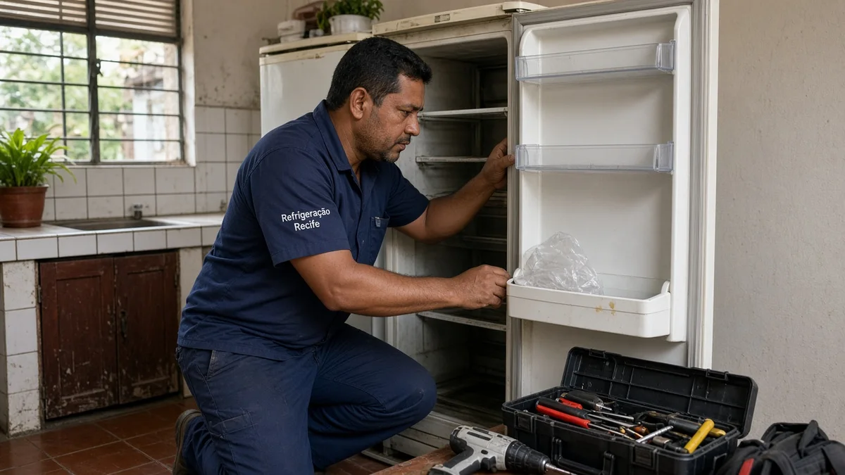 Técnico em uniforme de serviço atende verificações iniciais em cozinha residencial brasileira, ferramentas e equipamento à vista, luz natural de janela.