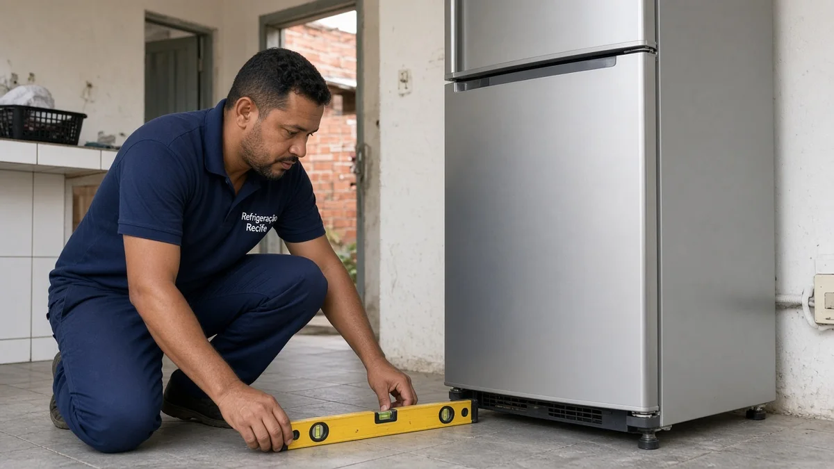 Tecnico nivela pes da geladeira com nivel bolha antes de ligar, em residência brasileira, com técnico Refrigeração Recife e materiais e ferramentas ao lado.