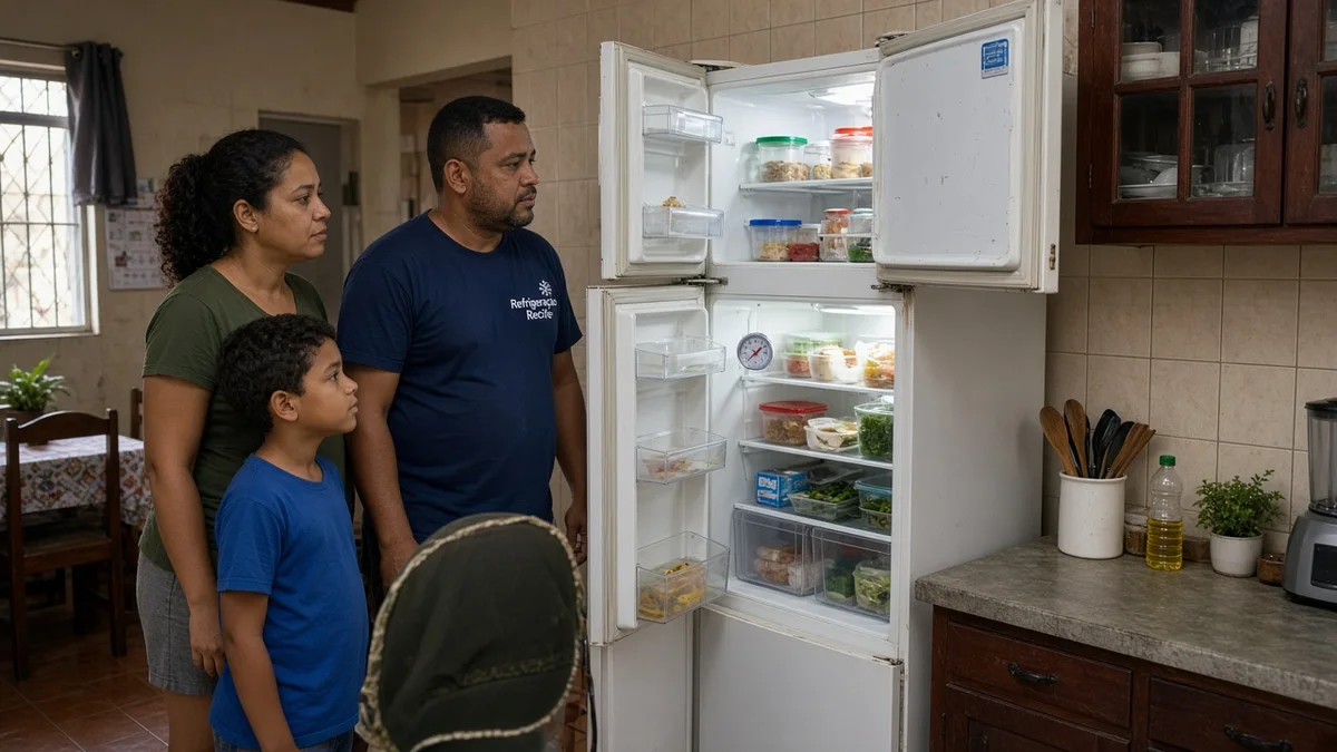 Técnico Refrigeração Recife: familia observa geladeira aberta com alimentos e termometro na cozinha, em cozinha residencial brasileira com luz natural realista.