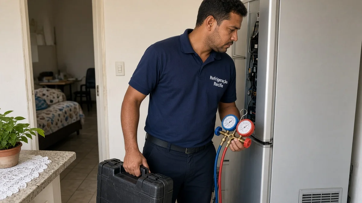 Na secção do artigo: tecnico chega com maleta e manometros para diagnostico da geladeira. Uniforme Refrigeração Recife e equipamentos de serviço à vista.