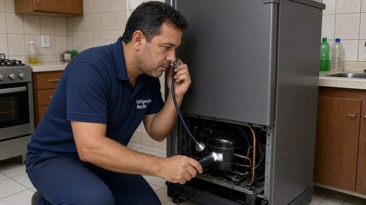 Tecnico escuta compressor com estetoscopio e lanterna na cozinha, em residência brasileira, com técnico Refrigeração Recife e materiais e ferramentas ao lado.