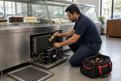 Técnico da Refrigeração Recife fazendo manutenção no compressor de balcão refrigerado em comércio em Recife